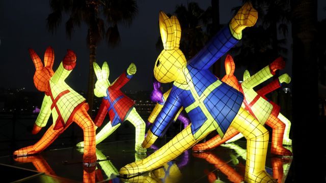 Illuminated artwork of rabbits dancing in Sydney, Australia 2019